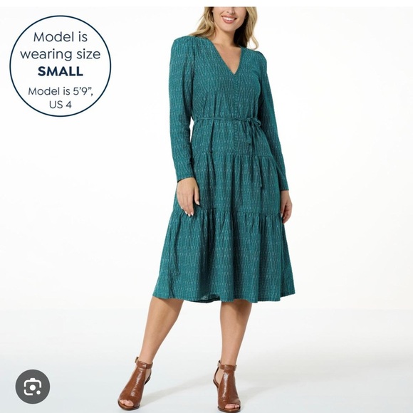 La Joie V-Neck Tiered Mid-Length Dress green blue gold Pacific Regular Sz M - Picture 1 of 6